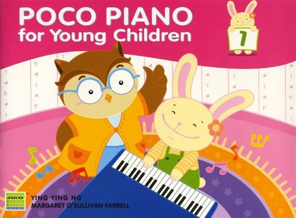 Cover of "POCO PIANO for Young Children 1" book featuring a cartoon owl and bunny playing a piano.