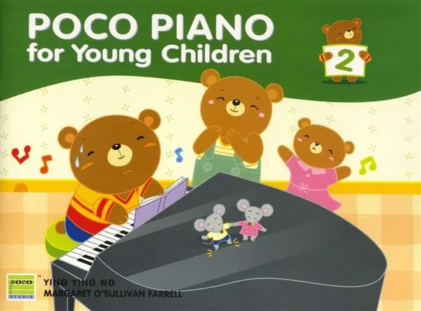 Cover of "POCO PIANO for Young Children 2" with cartoon bears and mice playing music.