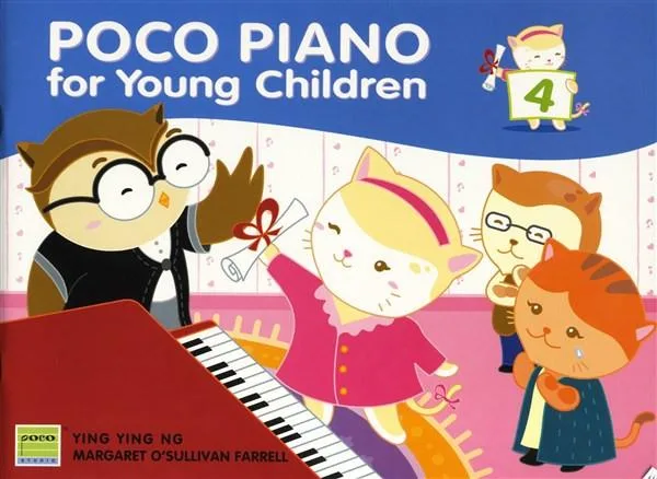 Cover of "POCO PIANO for Young Children 4" book displaying animated cats playing the piano and singing.