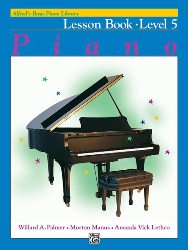 Book cover for Alfred's Level 5 Piano lessons, highlighting interval recognition and introducing minuets, sonatinas, and more.