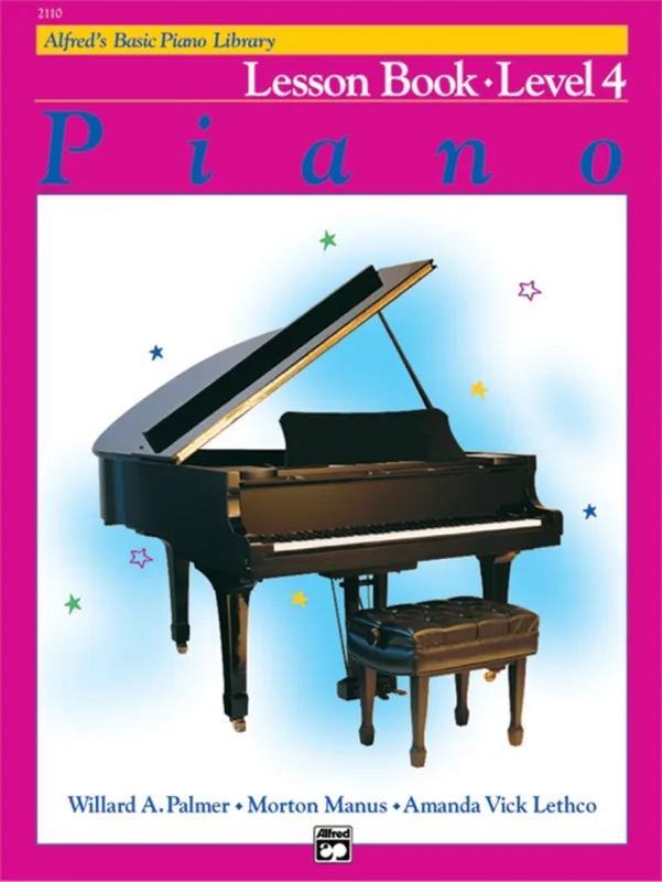 Cover of Alfred's Piano Lesson Book Level 4 , showcasing lessons on triads, scales, and advanced techniques for improving piano skills.