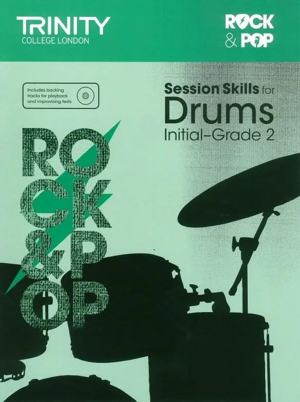 Cover of "Session Skills for Drums Initial-Grade 2" book by Trinity College London.