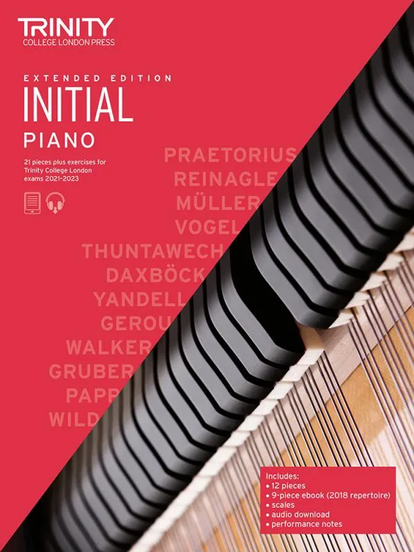 Cover of Piano Exam Pieces Initial Grade" book from 2021, Extended Edition, designed for those preparing for piano exams.