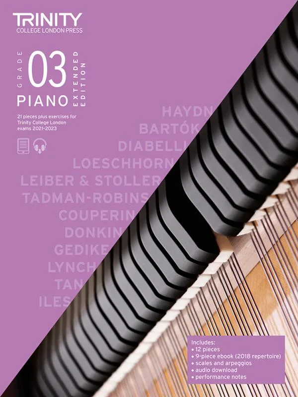 Trinity "Piano Exam Pieces Grade 3" book from 2021, designed for those preparing for piano exams.