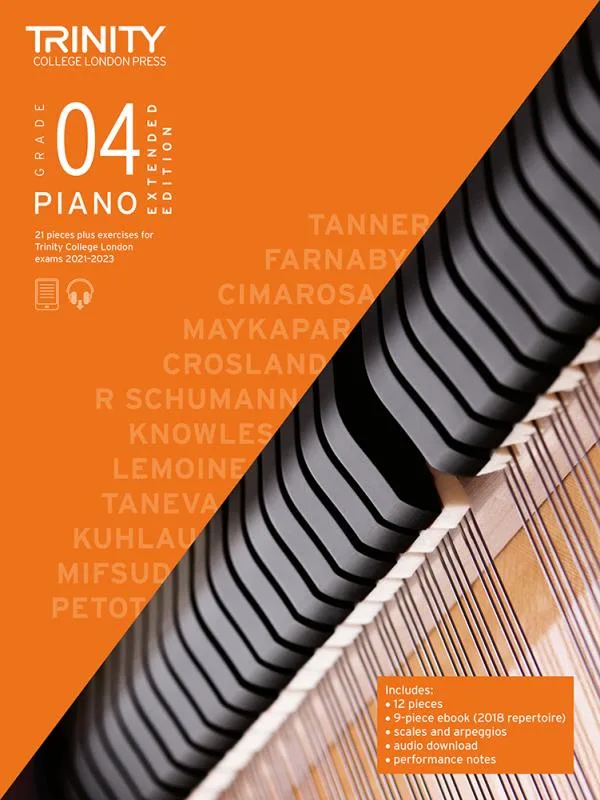 Cover of Trinity "Piano Exam Pieces Grade 4" book from 2021, Extended Edition, designed for those preparing for piano exams.