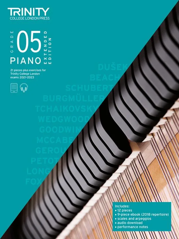 Cover Trinity "Piano Exam Pieces Grade 5" book from 2021, Extended Edition, designed for those preparing for piano exams.