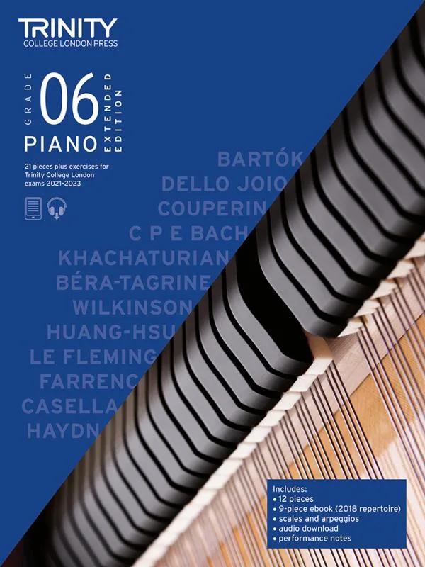 Cover Trinity "Piano Exam Pieces Grade 6" book from 2021, Extended Edition, designed for those preparing for piano exams.