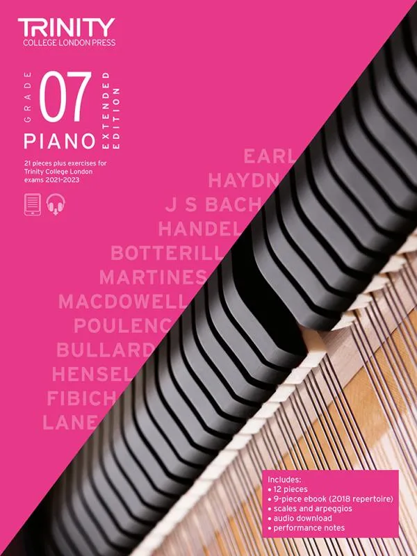 Cover Trinity "Piano Exam Pieces Grade 7" book from 2021, Extended Edition, designed for those preparing for piano exams.