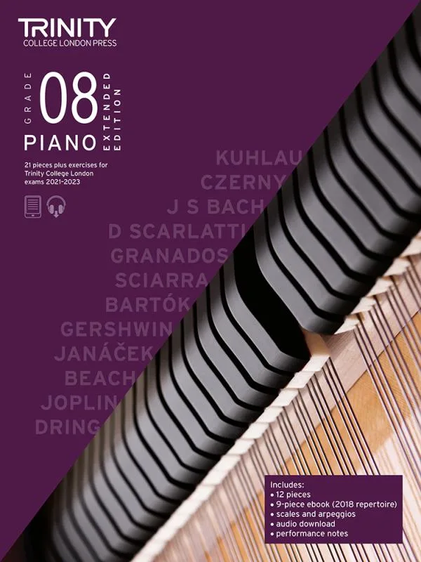 Cover of Trinity "Piano Exam Pieces Grade 8" book from 2021, Extended Edition, designed for those preparing for piano exams.