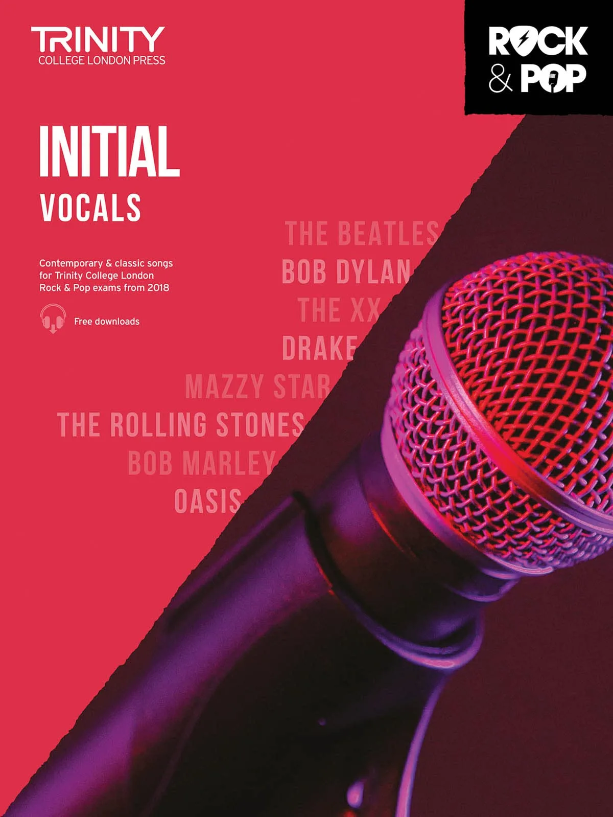 cover of 'Trinity College London, Initial Vocals' book with a microphone and artist names.