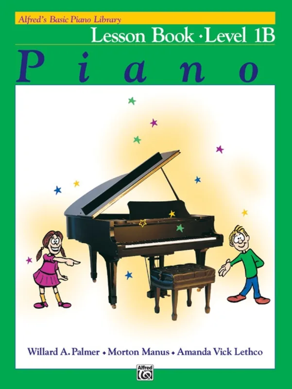 Cover of Alfred's Piano Lesson Book Level 1B, focusing on note reading and new concepts like eighth notes and major scales.