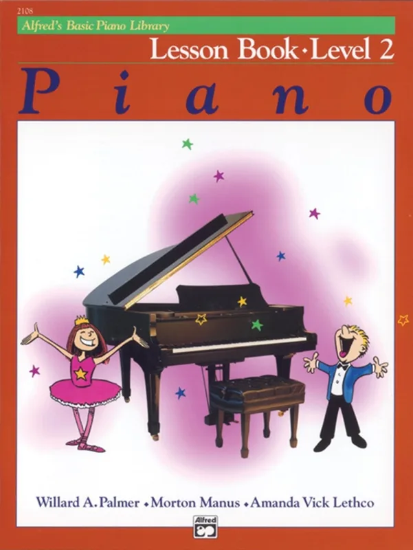 Book cover for Alfred's Piano Lesson Book Level 2, focusing on note reading and hand movement for beginner piano students.