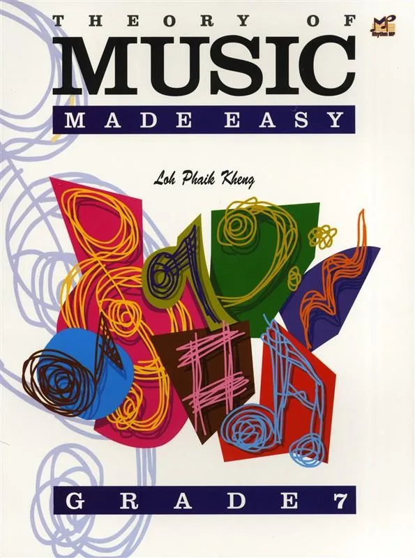 Cover of 'Theory of Music Made Easy Grade 7' with colorful abstract shapes and musical notes.