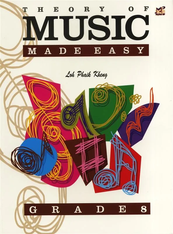 Cover of 'Theory of Music Made Easy Grade 8' with colorful abstract shapes and musical notes.