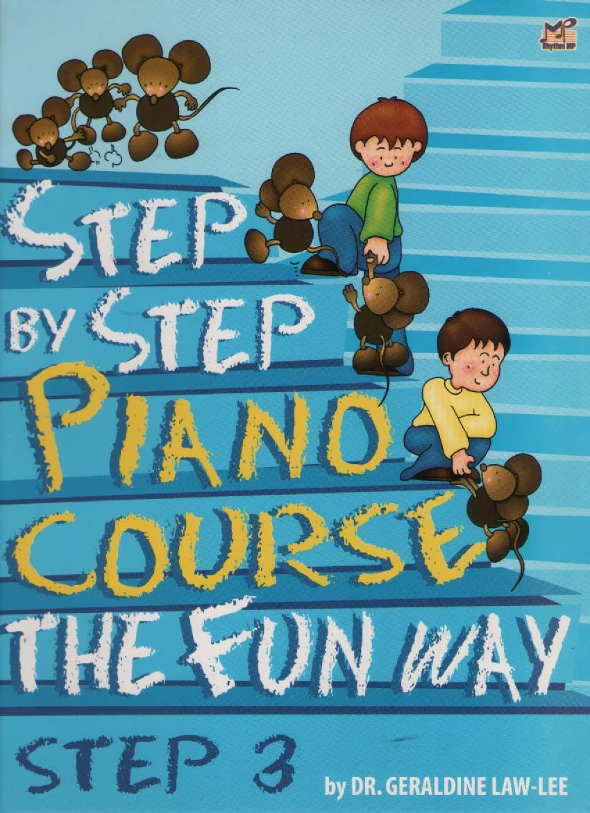 Cover of "Step by Step Piano Course - The Fun Way, Step 3" with illustrated children and mice.