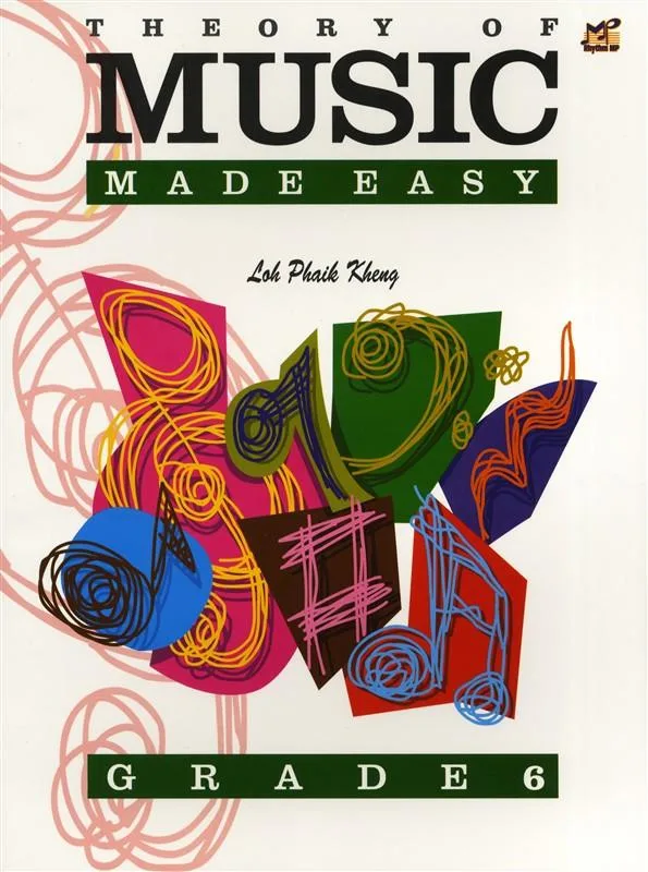 Cover of 'Theory of Music Made Easy Grade 6' with colorful abstract shapes and musical notes.