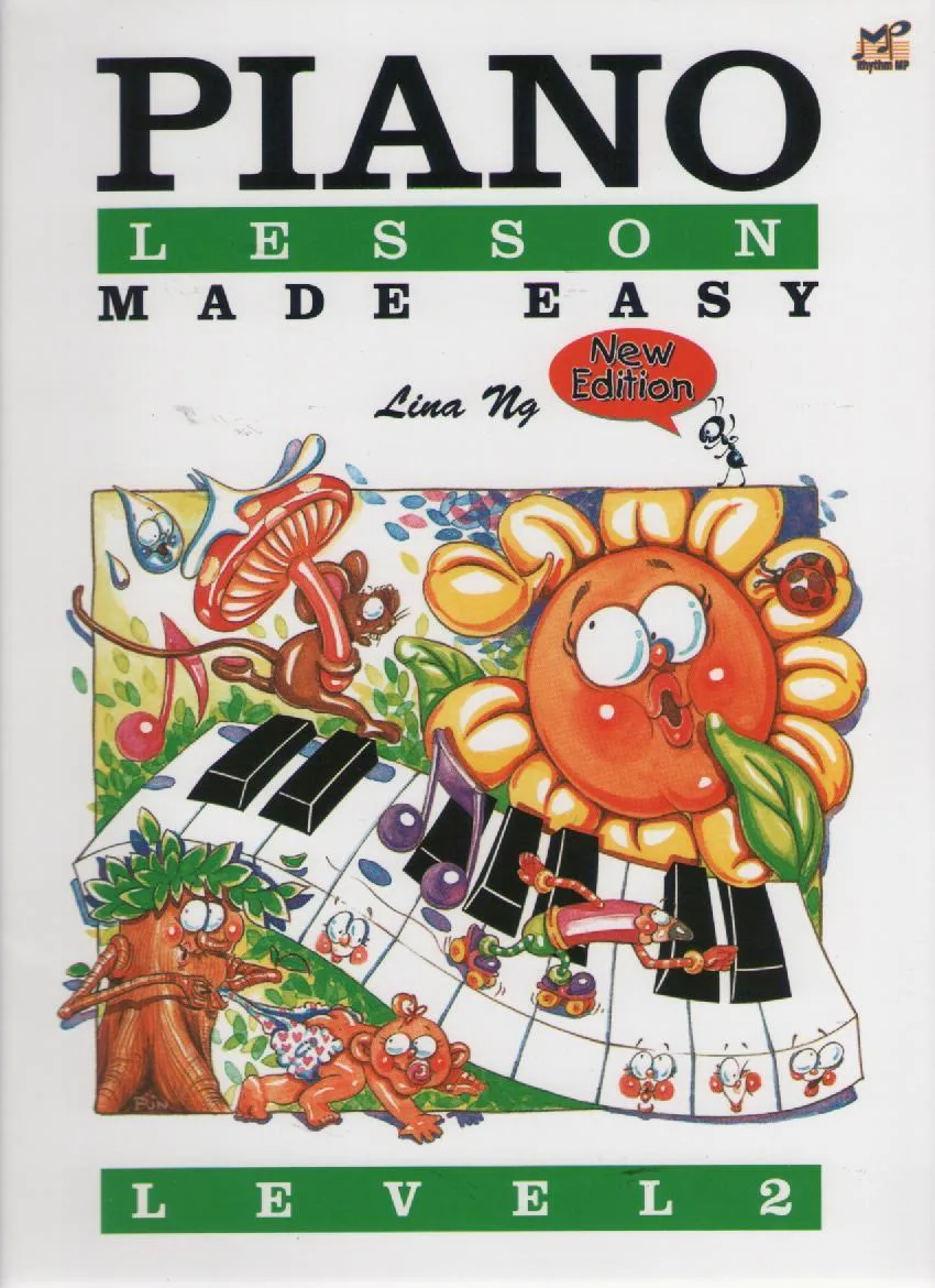 Piano lesson made easy level 2 cover with whimsical cartoon characters and a keyboard.