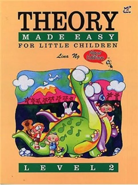 Cover of "THEORY Made Easy for Little Children Level 2" with kids and a dinosaur playing music.