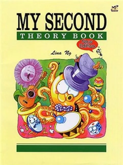 Cover of "My Second Theory Book" with colorful, playful musical instruments and notes.