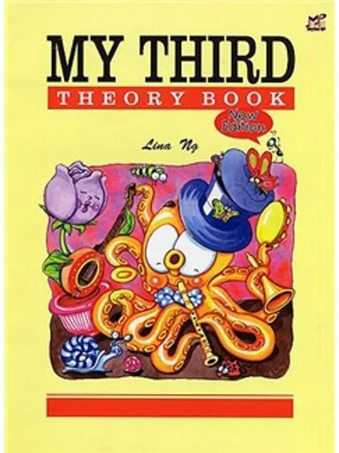 Cover of "My Third Theory Book" featuring a cartoon octopus playing multiple musical instruments.