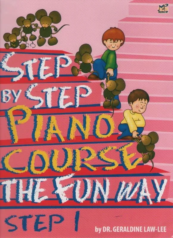 Cover of "Step by Step Piano Course - The Fun Way, Step 1" with illustrated children and mice.