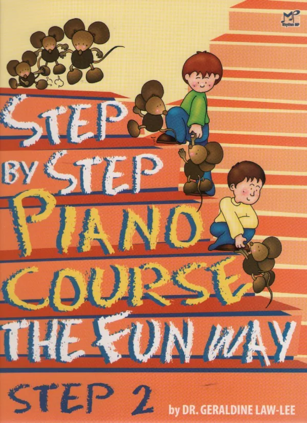 Cover of "Step by Step Piano Course - The Fun Way, Step 2" with illustrated children and mice.