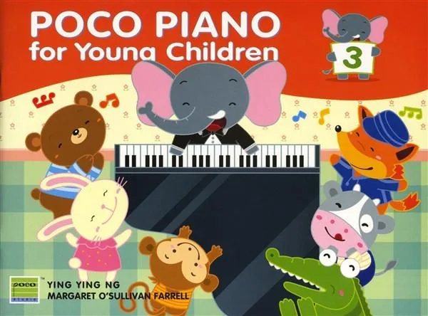 Colorful book cover "POCO PIANO for Young Children" with cartoon animals playing instruments.