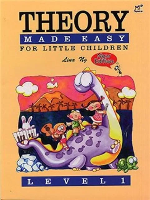 Cover of "Theory Made Easy for Little Children Level 1" music book with cartoon kids and instruments.