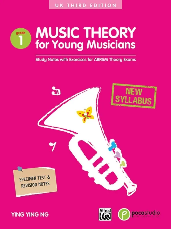 Cover of "Music Theory for Young Musicians Grade 1" textbook with a pink background.