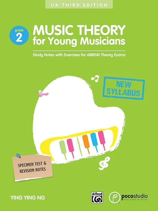 Cover of "Music Theory for Young Musicians Grade 2," with piano keys and music notes.