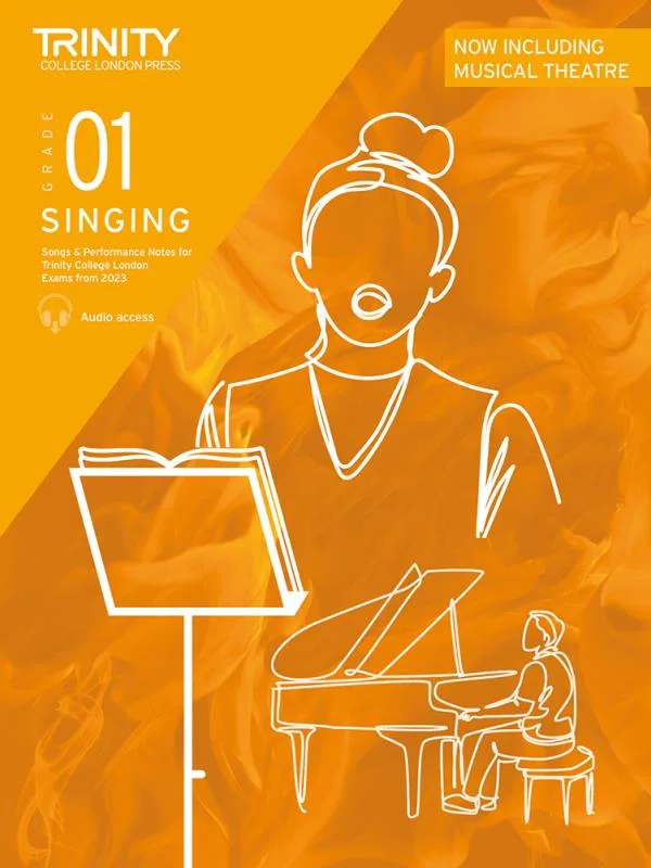 Cover of 'Grade 1 Singing' book with line art of a singer and a piano player on orange background.