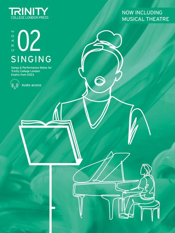 Cover of "Trinity College London Press Grade 2 Singing" with line art of a singer and pianist.