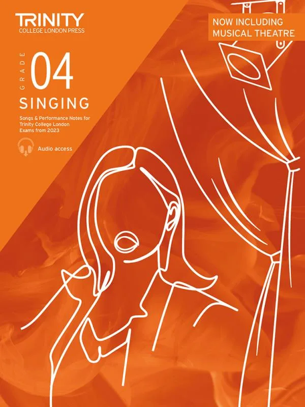 Cover of 'Trinity College London Grade 04 Singing' book with abstract orange art.