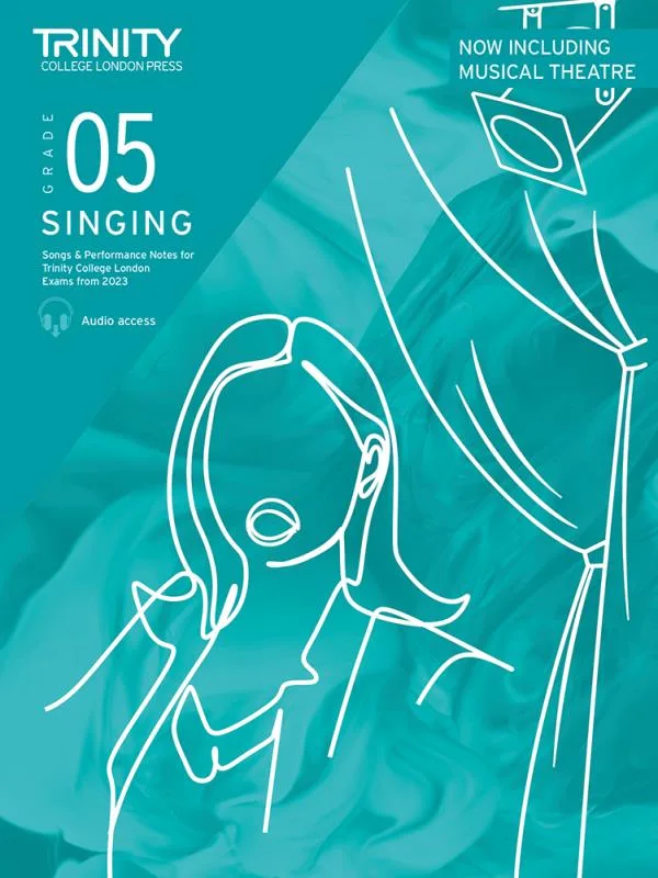 Cover of "Grade 05 Singing" book with stylized singer and musical notes, teal background.