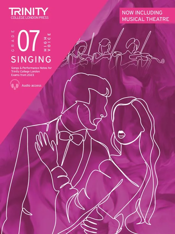 Cover of "Trinity College London Press Grade 7 Singing High Voice" book with musical theatre theme.