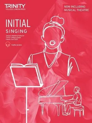 A book cover with white line art of a person singing and another playing piano on a red background, titled "INITIAL SINGING."