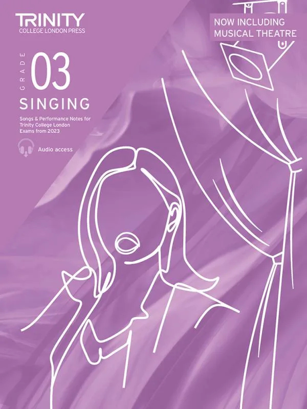 Cover of "Grade 03 SINGING" book by Trinity College London Press, with abstract singer illustration and text, purple tones.