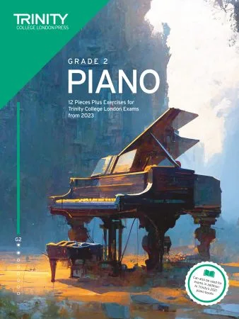 Cover of Trinity "Piano Exam Pieces Grade 2" book from 2023, designed for those preparing for piano exams.