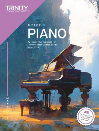 Cover of Trinity "Piano Exam Pieces Grade 3" book from 2023, designed for those preparing for piano exams.