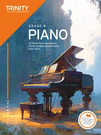 Cover of Trinity "Piano Exam Pieces Grade 4" book from 2023, designed for those preparing for piano exams.