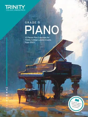 Cover of Trinity "Piano Exam Pieces Grade 5" book from 2023, designed for those preparing for piano exams.