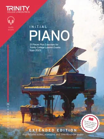 Cover of Trinity "Piano Exam Pieces Initial Grade" book from 2023, Extended Edition, designed for those preparing for piano exams.