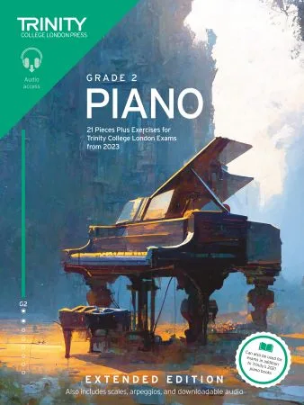 Cover of Trinity "Piano Exam Pieces Grade 2" book from 2023, Extended Edition, designed for those preparing for piano exams.