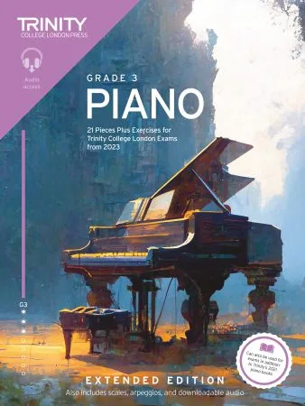 Cover of Trinity "Piano Exam Pieces Grade 3" book from 2023, Extended Edition, designed for those preparing for piano exams.