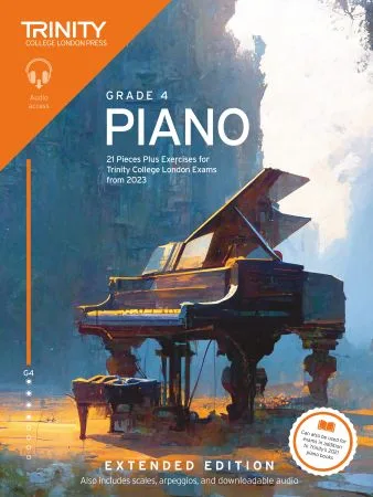 Cover of Trinity "Piano Exam Pieces Grade 4" book from 2023, Extended Edition, designed for those preparing for piano exams.