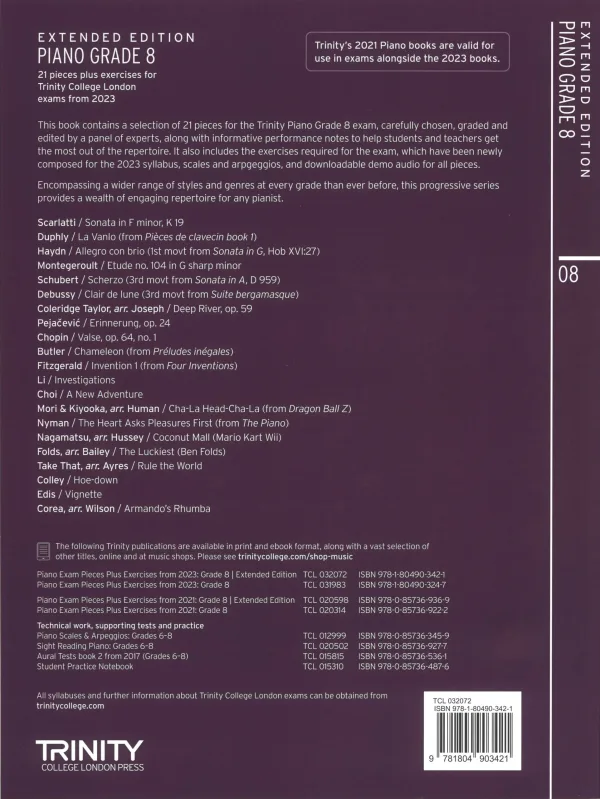 Back Cover of "Grade 8 Piano" by Trinity College London Press