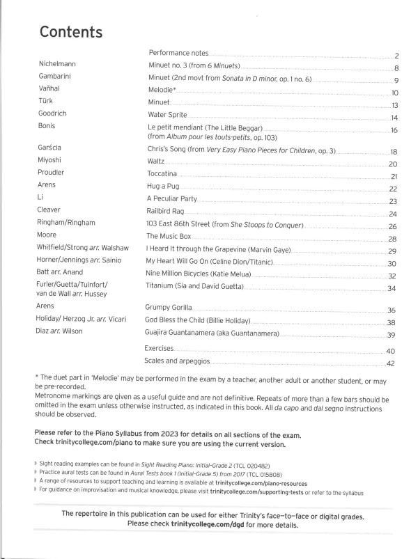 Trinity "Piano Exam Pieces Grade 1" from 2023 book, Extended Edition, designed for those preparing for piano exams.