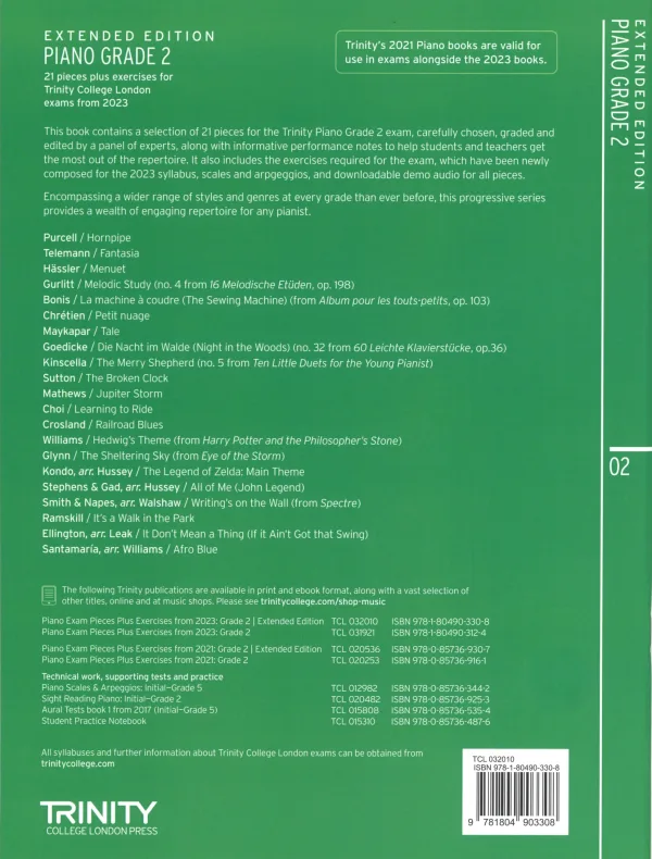 Back Cover of Trinity "Piano Exam Pieces Grade 2" book from 2023, Extended Edition, designed for those preparing for piano exams.