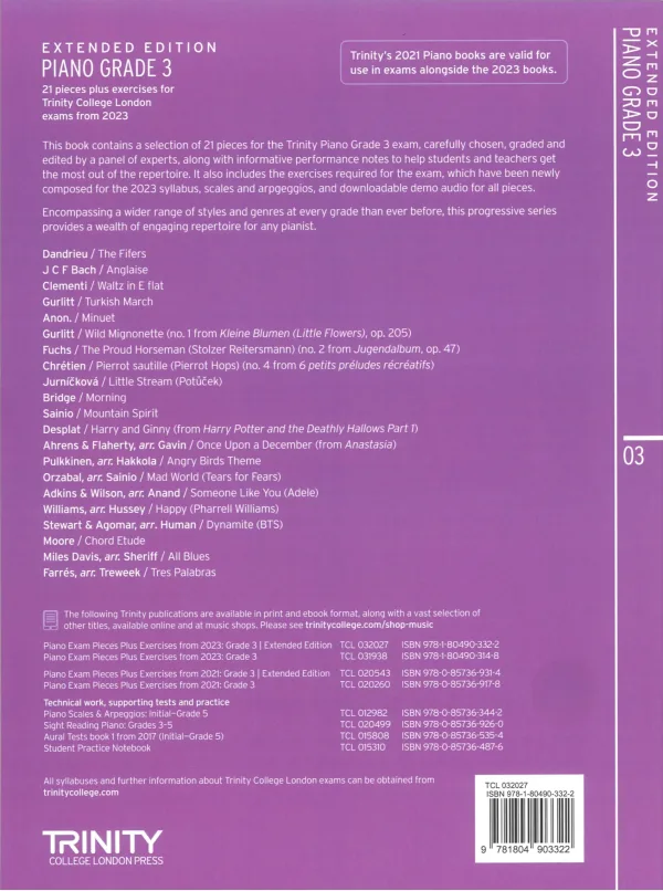 Back Cover of Trinity "Piano Exam Pieces Grade 3" book from 2023, Extended Edition, designed for those preparing for piano exams.