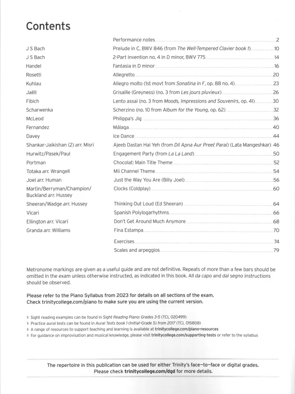 Trinity "Piano Exam Pieces Grade 5" from 2023 book, Extended Edition, designed for those preparing for piano exams.